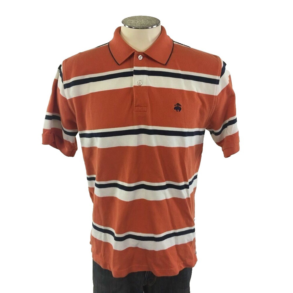 Brooks Brothers Performance Logo Polo Shirt M Orange Blue Stripe Cotton Golf Men